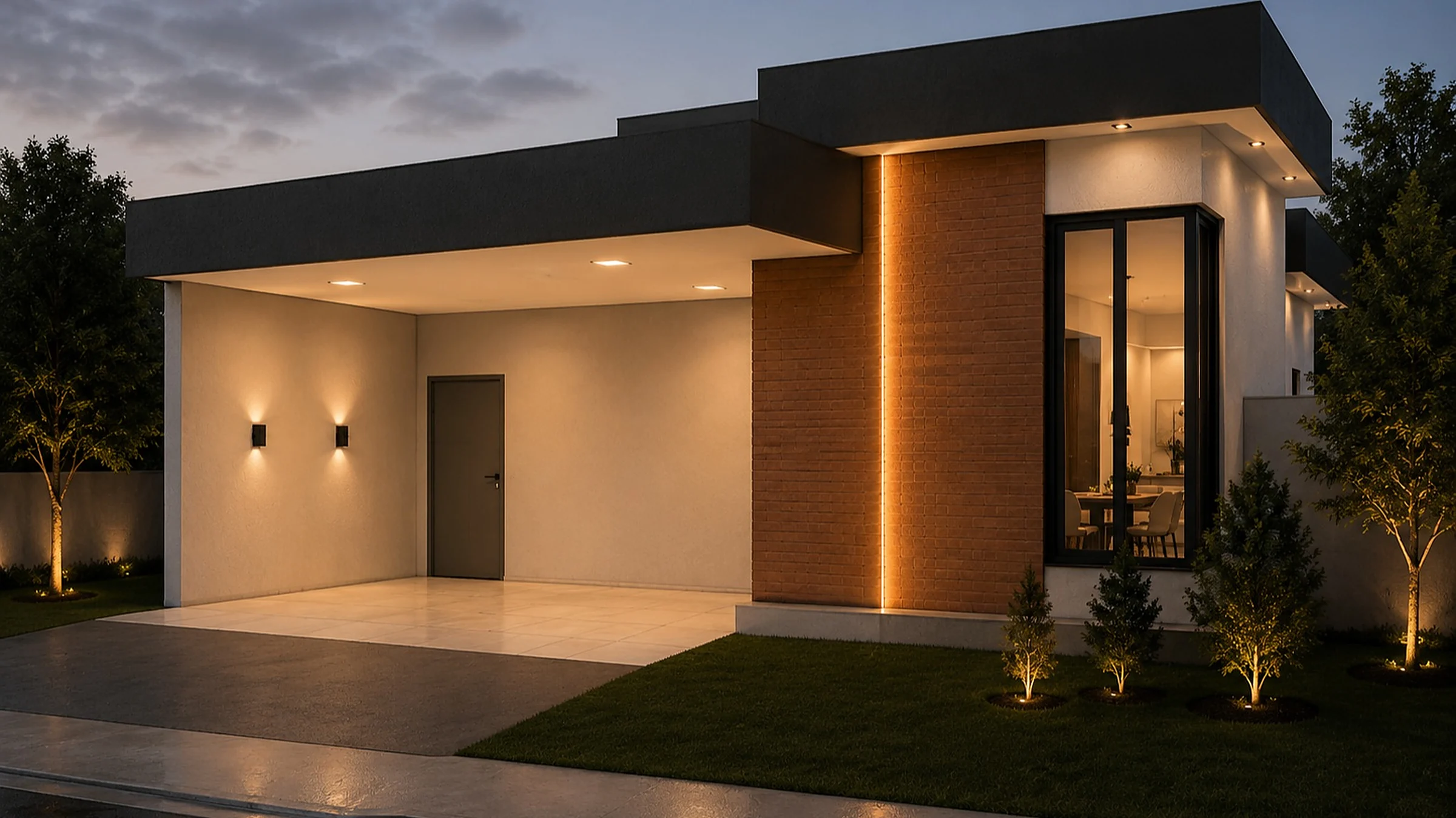 Fachada contemporânea ao entardecer, com volume em tijolinho aparente, forro claro e iluminação quente